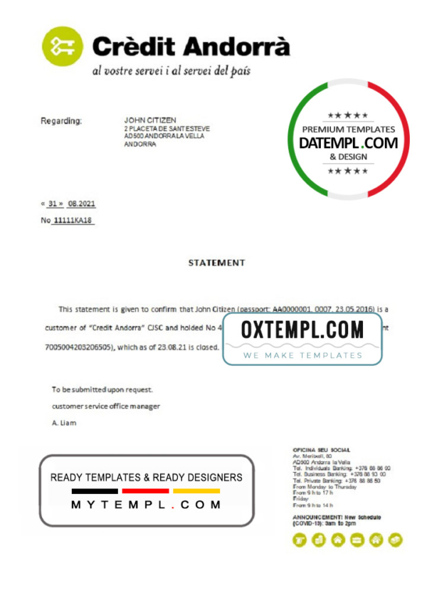 editable template, Andorra Credit Andorra bank account closure reference letter template in Word and PDF format