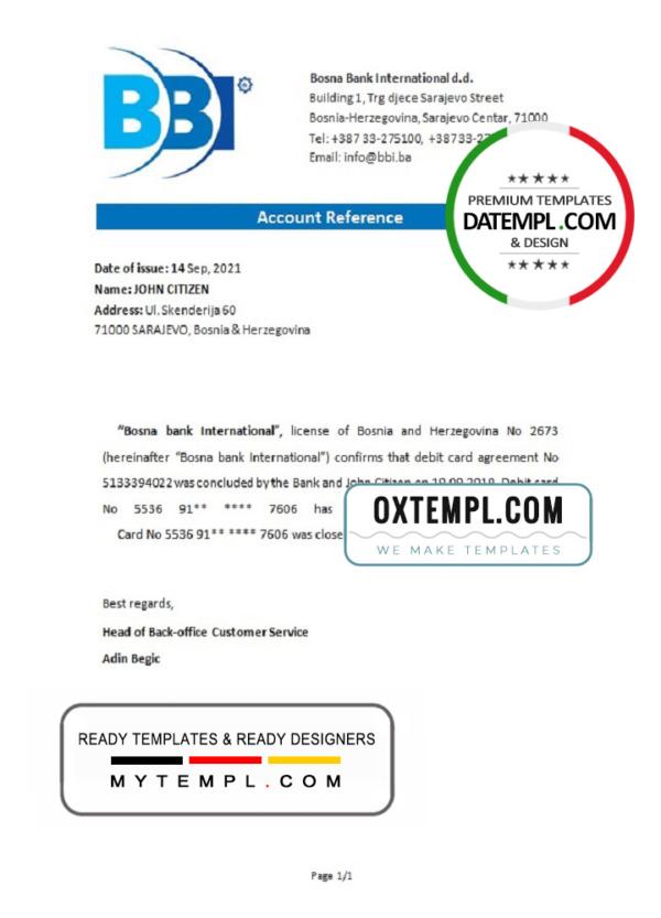 editable template, Bosnia and Herzegovina Bosna Bank International bank account closure reference letter template in Word and PDF format