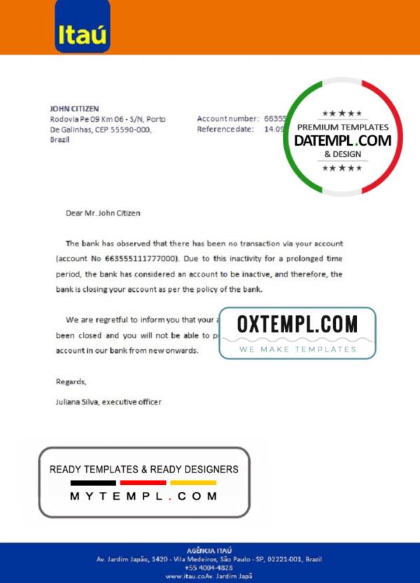 editable template, Brazil Itau bank account closure reference letter template in Word and PDF format