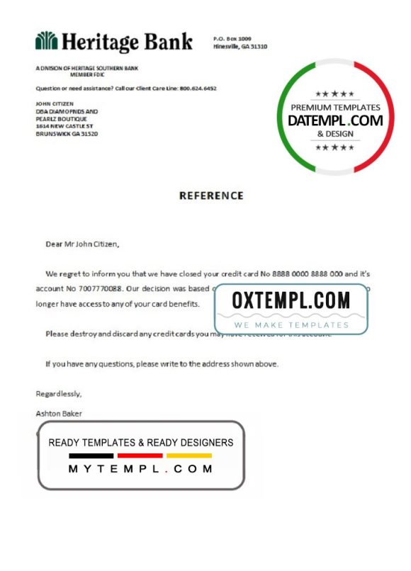 editable template, USA Heritage Bank bank account closure reference letter template in Word and PDF format