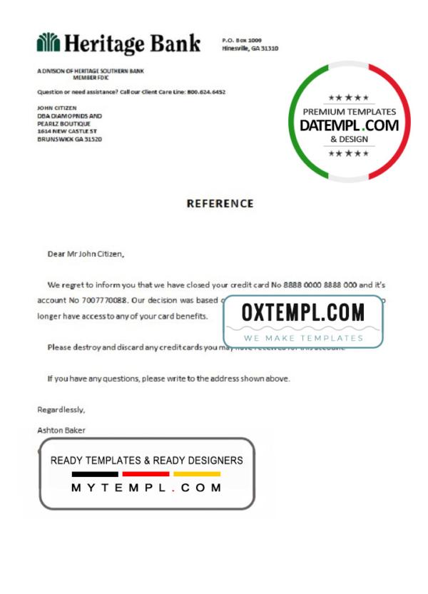 editable template, USA Heritage Bank bank account closure reference letter template in Word and PDF format