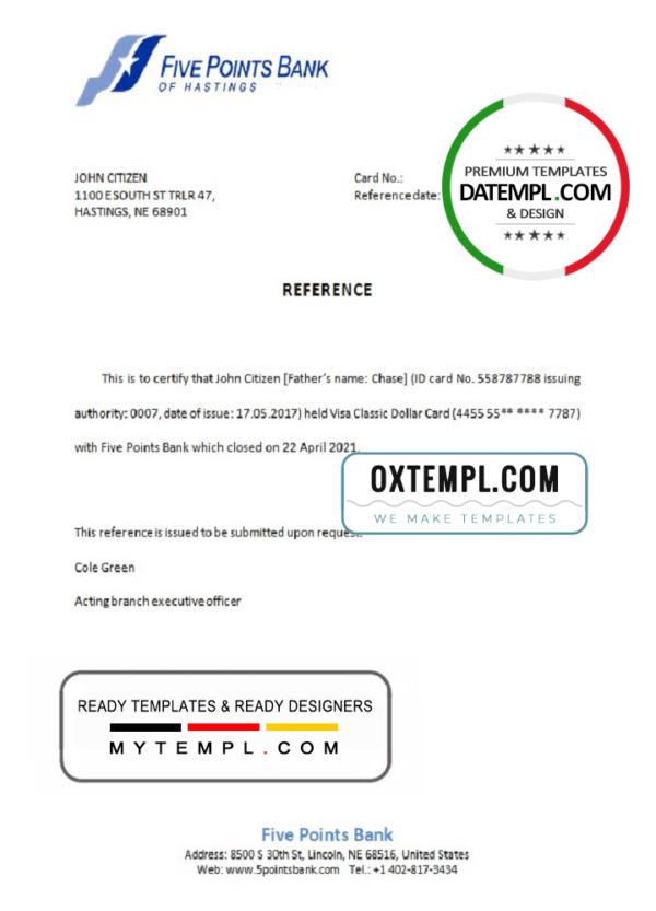 editable template, USA Five Points Bank bank account closure reference letter template in Word and PDF format