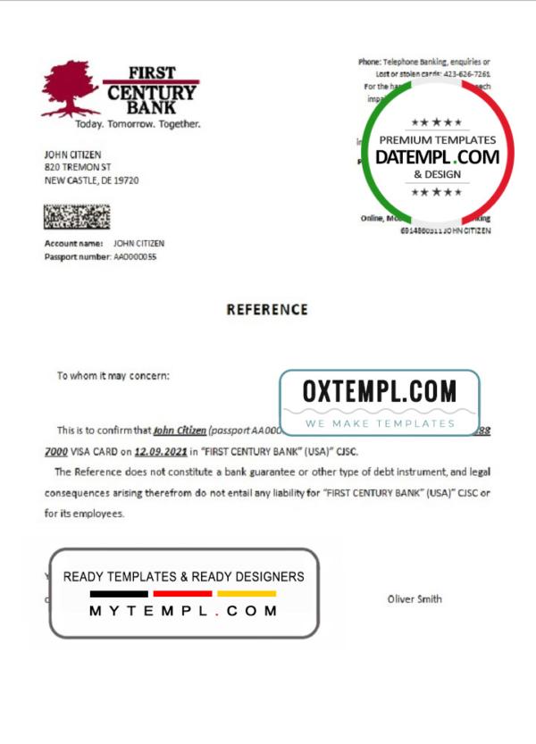 editable template, USA First Century Bank bank account closure reference letter template in Word and PDF format