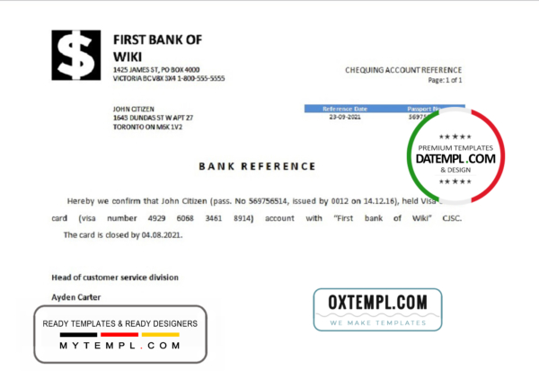 editable template, USA First Bank of Wiki bank account closure reference letter template in Word and PDF format