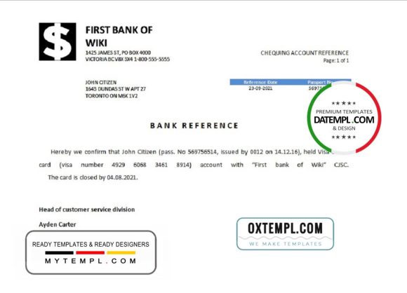 editable template, USA First Bank of Wiki bank account closure reference letter template in Word and PDF format
