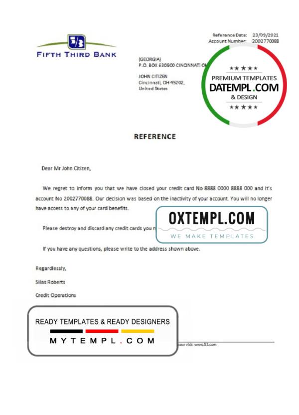 editable template, USA Fifth Third Bank bank account closure reference letter template in Word and PDF format