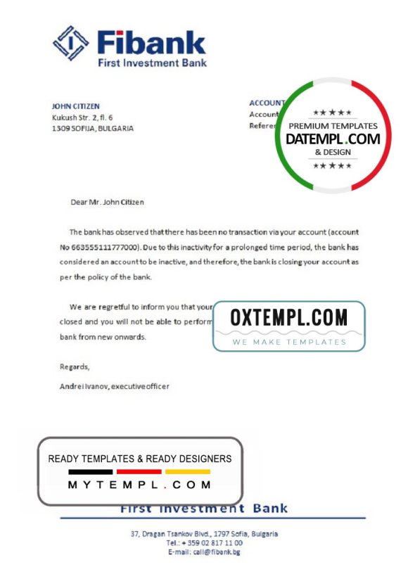 editable template, Bulgaria First Investment bank account closure reference letter template in Word and PDF format