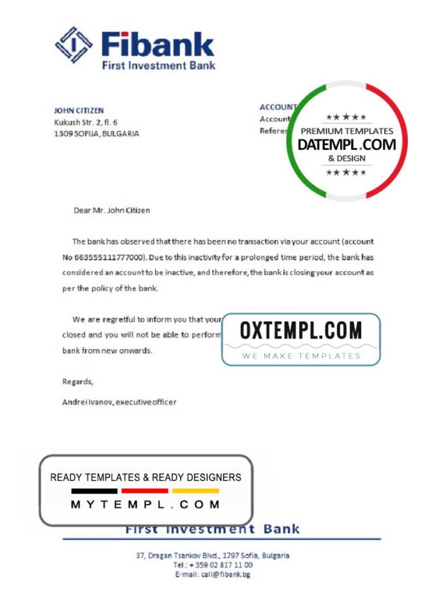 editable template, Bulgaria First Investment bank account closure reference letter template in Word and PDF format