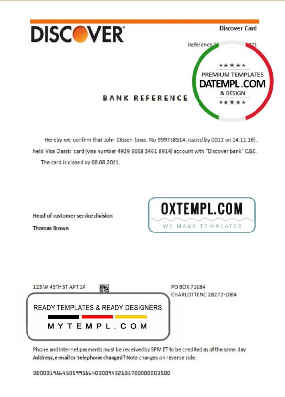 editable template, USA Discover bank account closure reference letter template in Word and PDF format