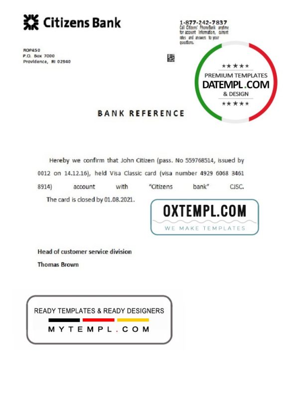 editable template, USA Citizens Bank bank account closure reference letter template in Word and PDF format