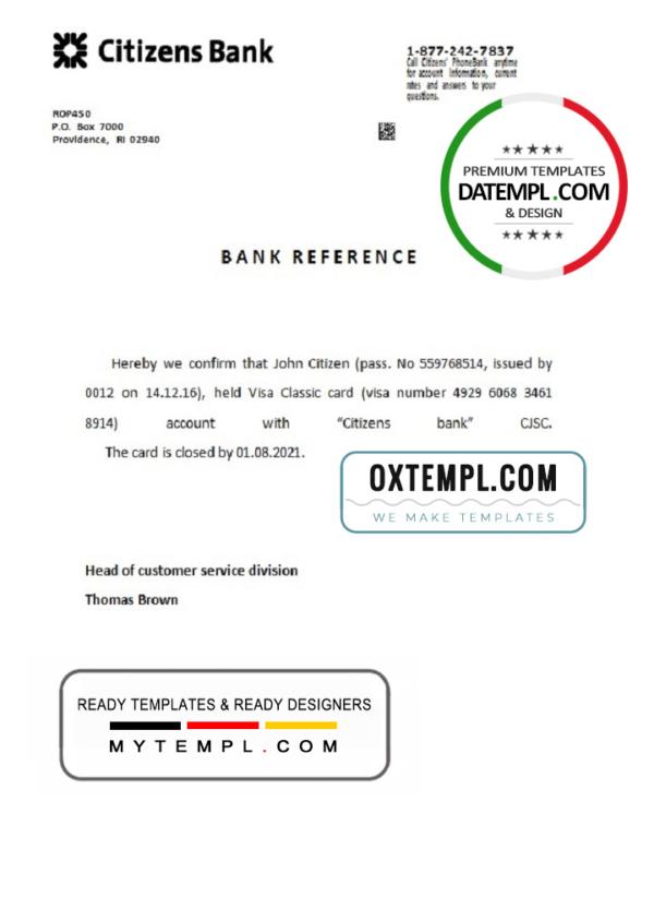 editable template, USA Citizens Bank bank account closure reference letter template in Word and PDF format