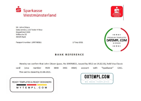 editable template, Germany Sparkasse bank account closure reference letter template in Word and PDF format