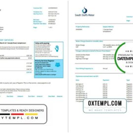 editable template, United Kingdom South Staffs Water utility bill template in Word and PDF format, 2 pages