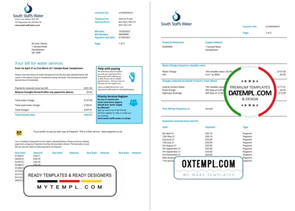 editable template, United Kingdom South Staffs Water utility bill template in Word and PDF format, 2 pages