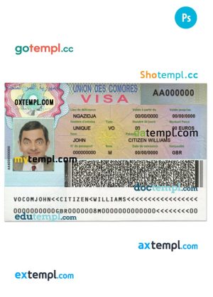 editable template, Union des Comores travelling visa template in PSD format, fully editable