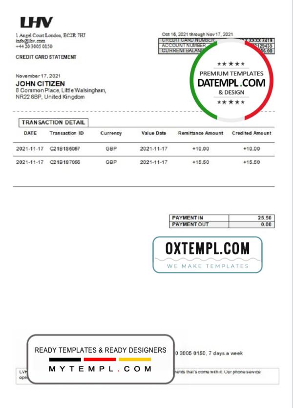 editable template, United Kingdom LHV Group bank statement in Excel and PDF format
