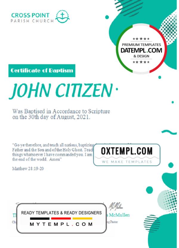 editable template, USA Baptism Certificate template in Word and PDF format, version 2