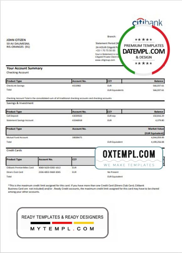 editable template, France Citibank bank statement template in .xls and .pdf file format