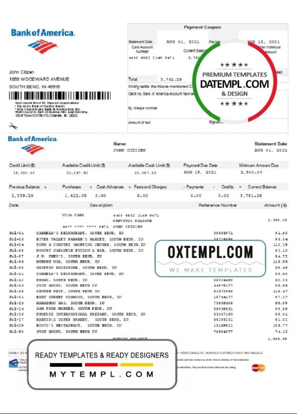 editable template, USA Bank of America bank statement template in Excel and PDF format, version 5