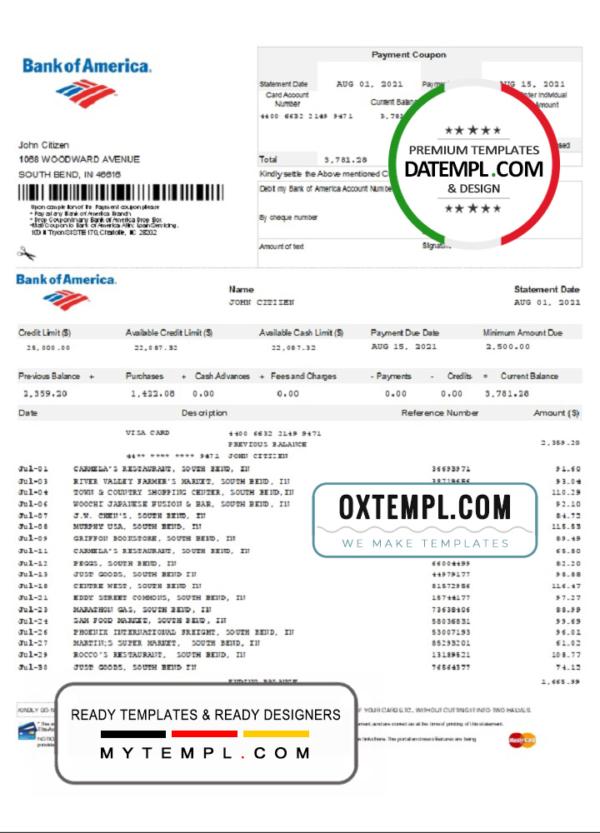 editable template, USA Bank of America bank statement template in Excel and PDF format, version 5