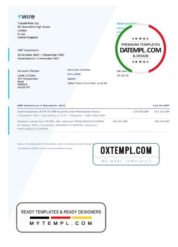 editable template, United Kingdom Wise bank statement template in Word and PDF format