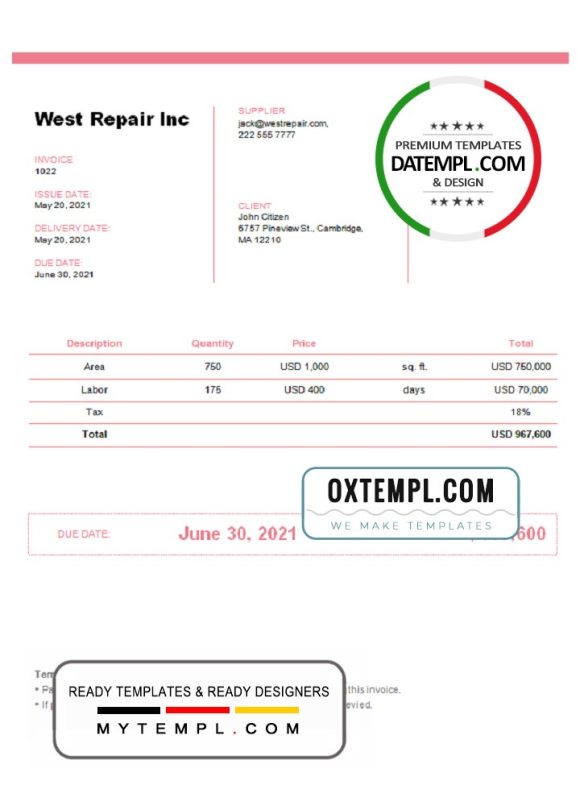 editable template, United Kingdom West Repair Inc invoice template in Word and PDF format, fully editable