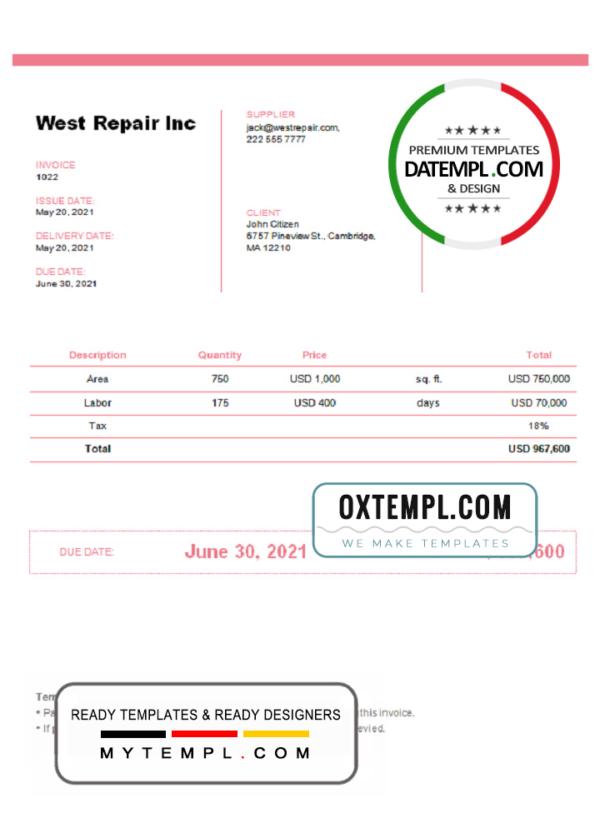 editable template, United Kingdom West Repair Inc invoice template in Word and PDF format, fully editable