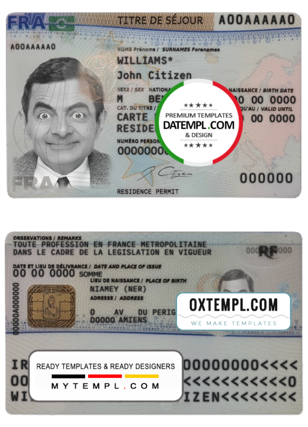 editable template, France residence permit (titre de séjour) template in PSD format, fully editable, with all fonts (2019 - present)