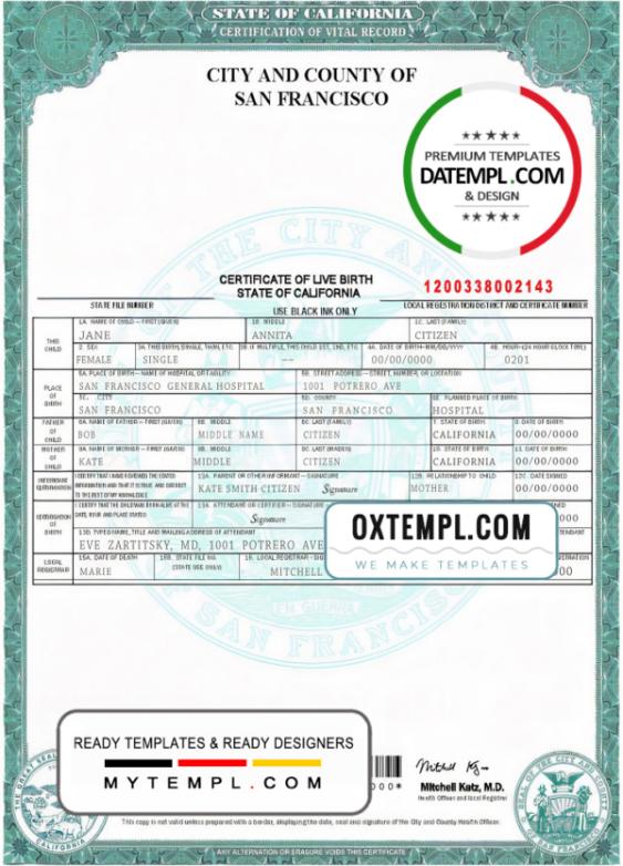 editable template, USA California state birth certificate template in PSD format, fully editable