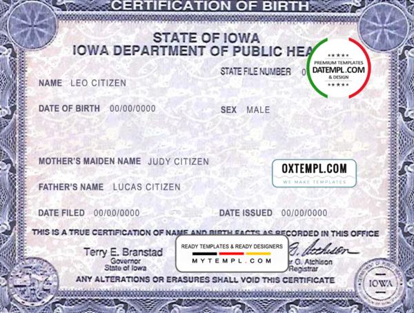 editable template, USA Iowa state birth certificate template in PSD format, fully editable