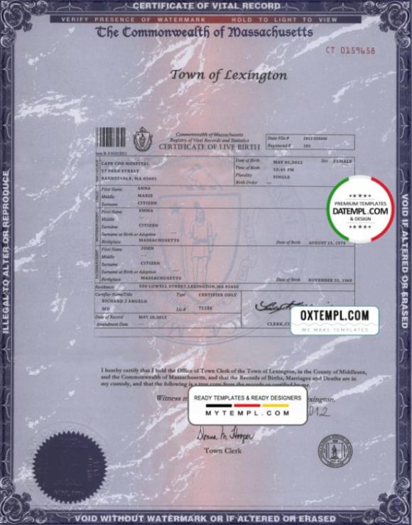 editable template, USA Massachusetts state birth certificate template in PSD format, fully editable