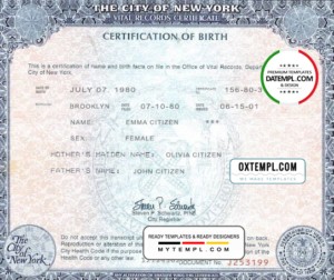 USA New York state birth certificate template in PSD format, fully editable