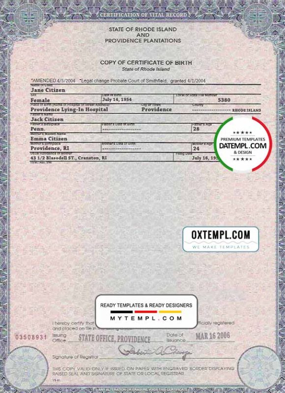 editable template, USA Rhode Island state birth certificate template in PSD format, fully editable