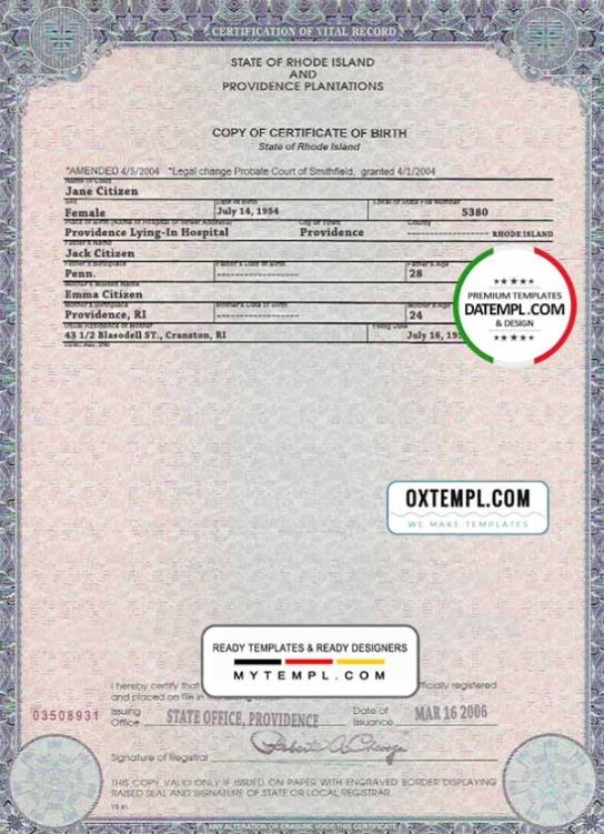 editable template, USA Rhode Island state birth certificate template in PSD format, fully editable