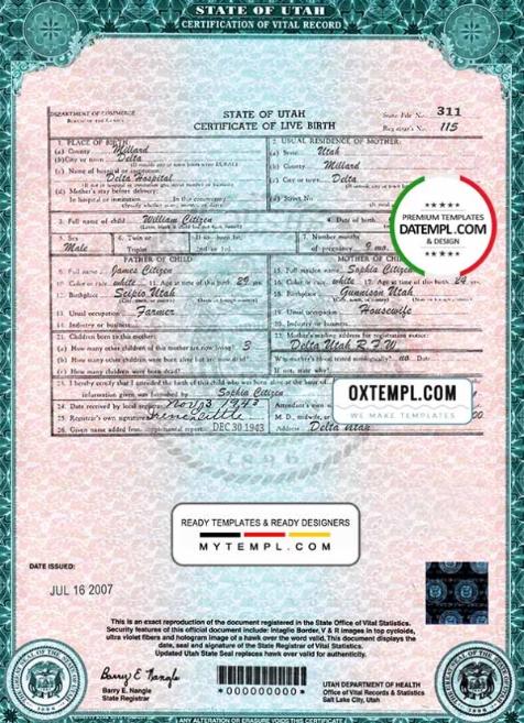 editable template, USA Utah state birth certificate template in PSD format, fully editable