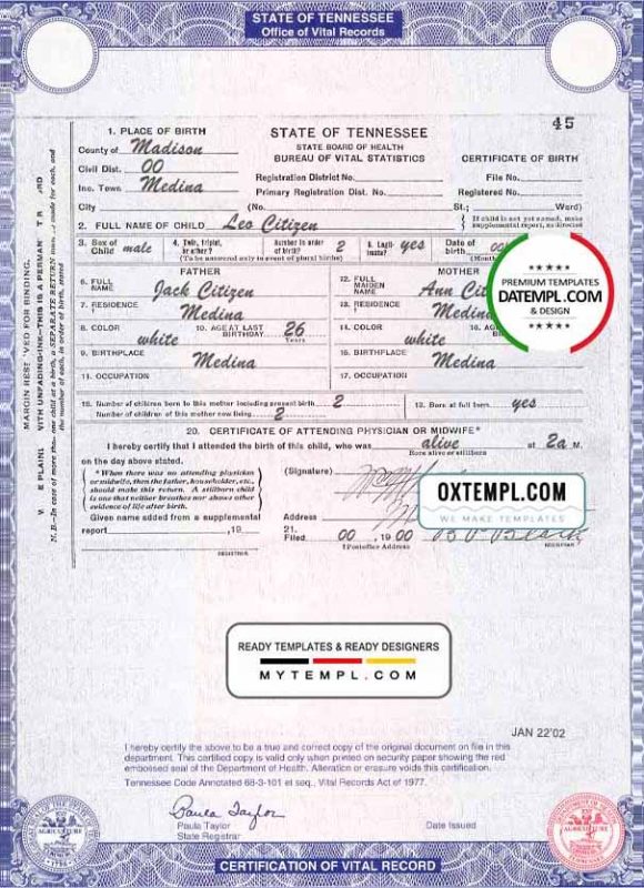 editable template, USA Tennessee state birth certificate template in PSD format, fully editable