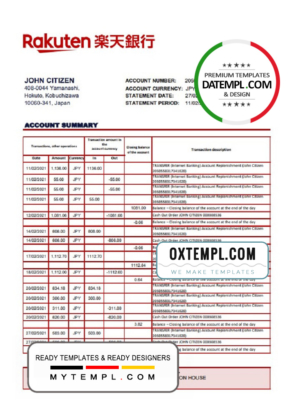 Japan Rakuten bank statement template in Word and PDF format