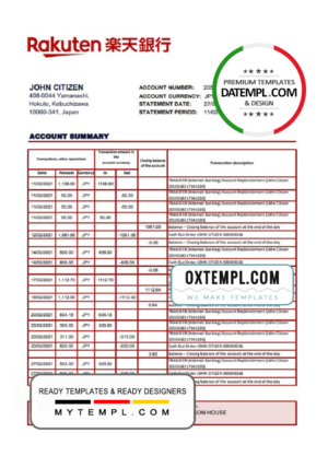 Japan Rakuten bank statement template in Excel and PDF format