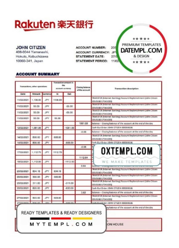 editable template, Japan Rakuten bank statement template in Excel and PDF format