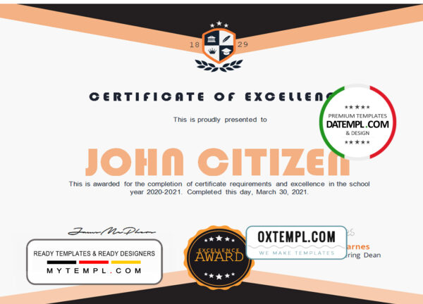editable template, USA Academic Certificate template in Word and PDF format
