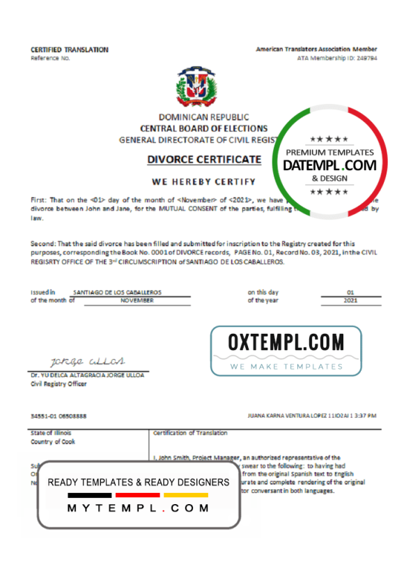 editable template, Dominican Republic divorce certificate template in Word format