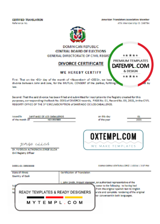 editable template, Dominican Republic divorce certificate template in Word format