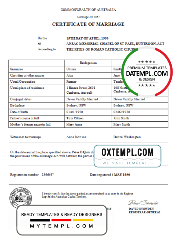 editable template, Australia Australian Capital Territory marriage certificate template in Word format