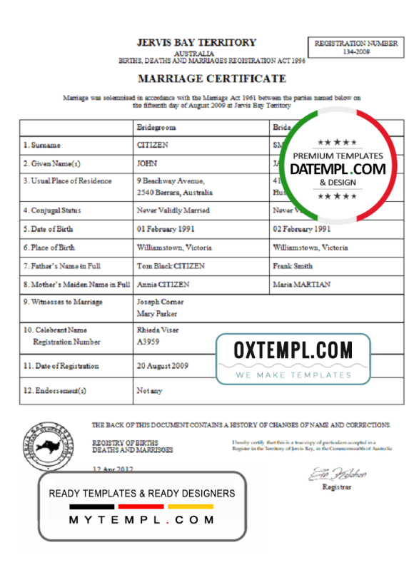 editable template, Australia Jervis Bay Territory marriage certificate template in Word format