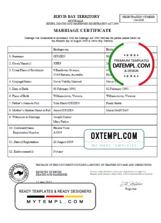 editable template, Australia Jervis Bay Territory marriage certificate template in Word format