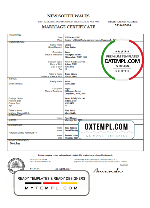 editable template, Australia New South Wales marriage certificate template in Word format