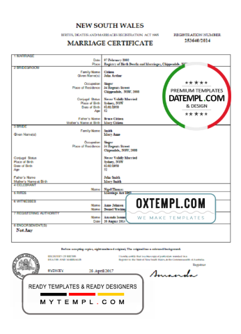 editable template, Australia New South Wales marriage certificate template in Word format