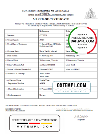 editable template, Australia Northern Territory of Australia marriage certificate template in Word format