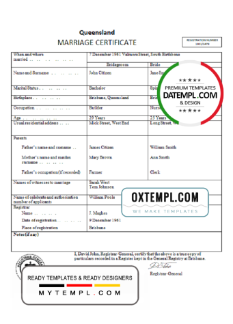 editable template, Australia Queensland marriage certificate template in Word format