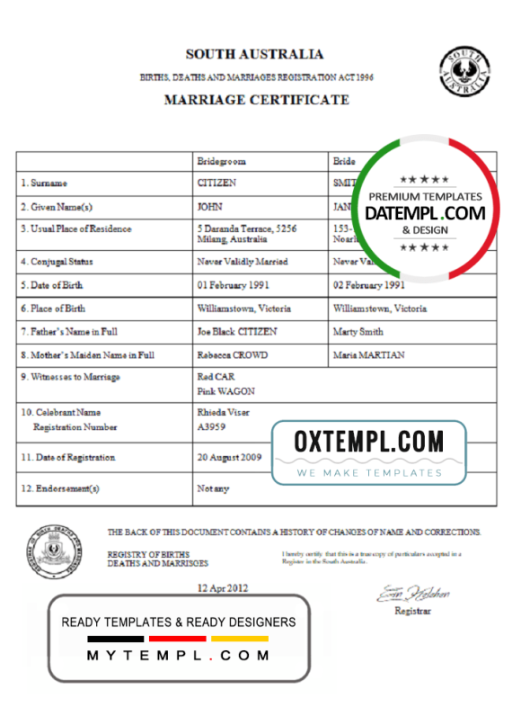 editable template, Australia South Australia marriage certificate template in Word format